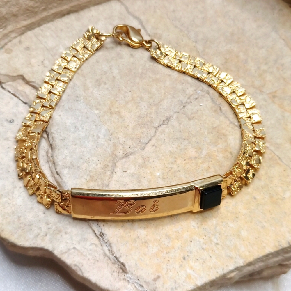 Vintage Gold plated men's ID bracelet Bob Robert gold nugget Onyx